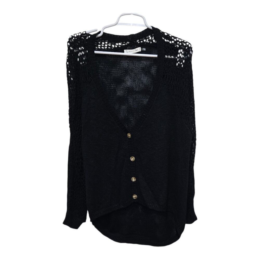 Mustard Seed Womens Medium Black Open Knit Button Front Cardigan